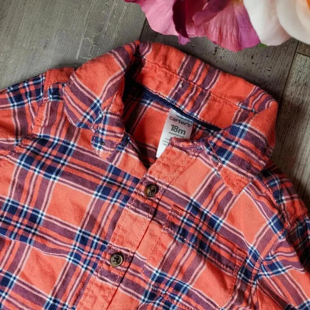 Carter's Baby Toddler Boy Coral Orange and Blue Plaid Flannel Size 18m NWOT